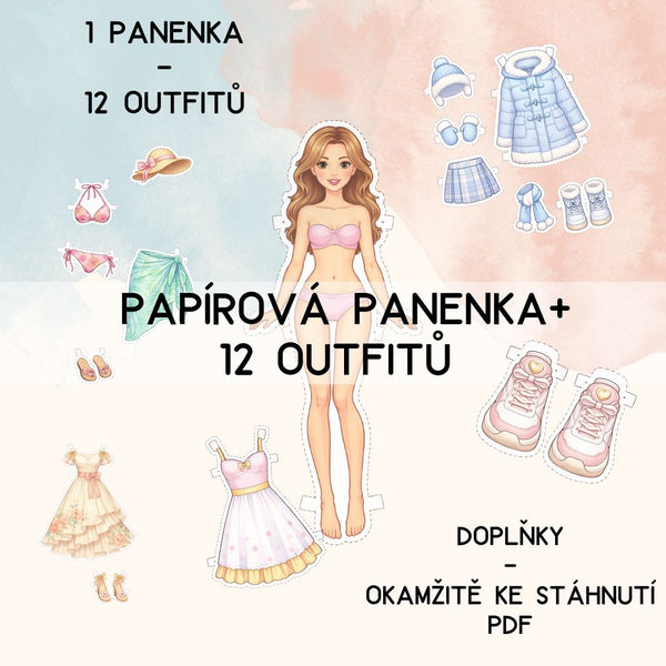 Papírová panenka k vystřižení – 12 oblečků (tisknutelná sada pro děti)